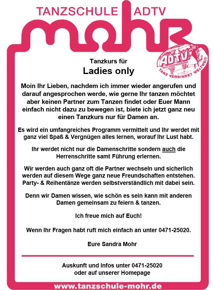 Rosa Plakat: Anzeige der Tanzschule für den Tanzkurs „Nur für Damen“, Text auf Deutsch, mit Schullogo.