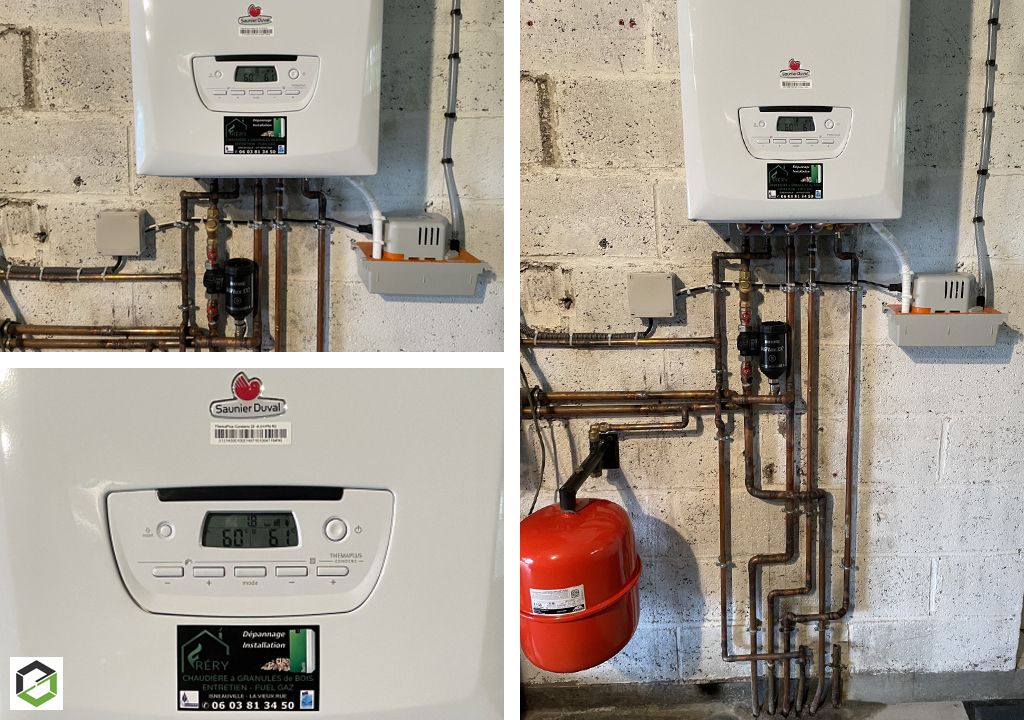 Trois images d'une chaudière murale blanche avec des tuyaux en cuivre, un vase d'expansion rouge et divers boîtiers de commande sur un mur en briques.
