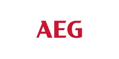 Logotipo de AEG en texto rojo sobre fondo blanco.
