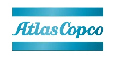 Logotipo de Atlas Copco con el nombre de la empresa entre dos líneas azules horizontales.