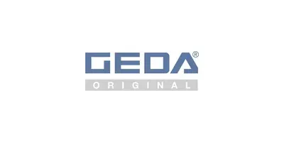 Logotipo de GEDA en letras azules con 