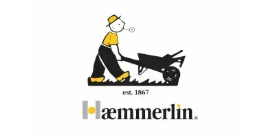 Logotipo de Hammerlin: una persona empujando una carretilla. Camisa, sombrero y botas amarillas. Pantalones negros.