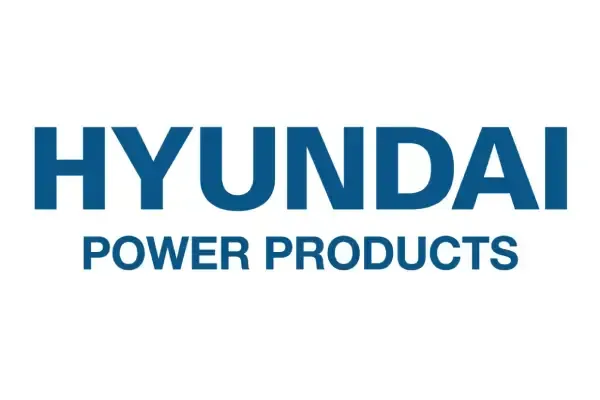 El logotipo azul de Hyundai Power Products sobre un fondo blanco.