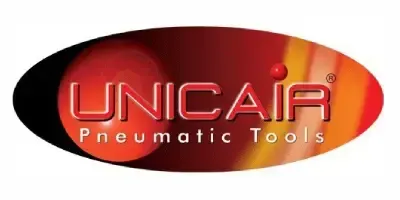 Logotipo para herramientas neumáticas UNICAIR, colores rojo y naranja, texto 