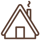 Icono de una casa con humo saliendo de la chimenea, contorno marrón sobre fondo blanco