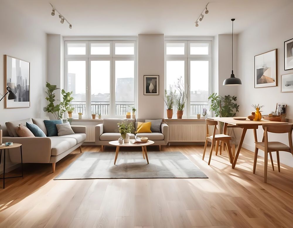 Una sala de estar con sofá, mesa y sillas.