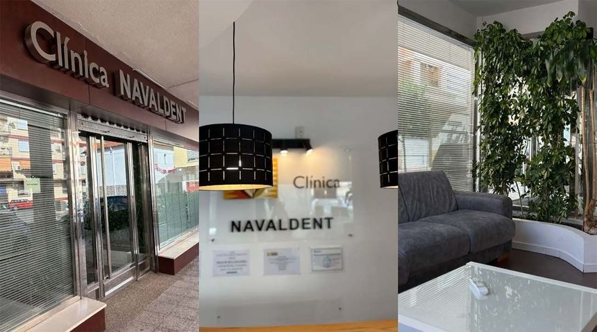 Collage del exterior de una clínica dental, letrero de recepción y sala de espera con sofá, plantas y lámparas colgantes.