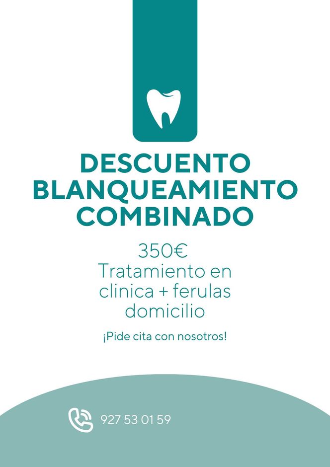 Promoción dental en blanco y turquesa: descuento en blanqueamiento combinado