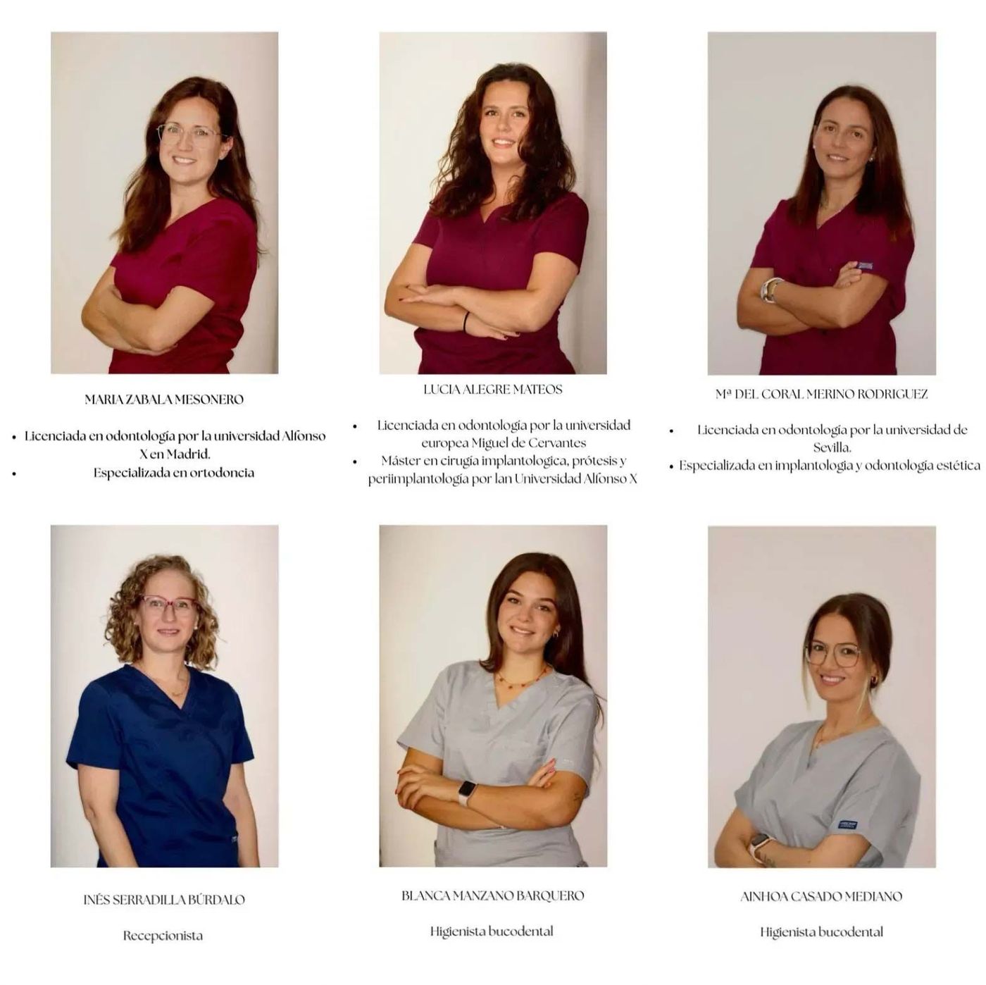 Collage de seis retratos del personal sobre un fondo blanco, cada persona posando con un uniforme diferente.
