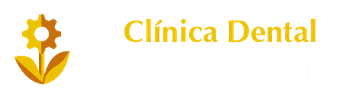 Logotipo para Clínica Dental, que presenta una flor y texto de color amarillo y marrón.