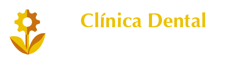 Logotipo de una clínica dental: icono de flor de engranaje de color amarillo con el texto "Clínica Dental".