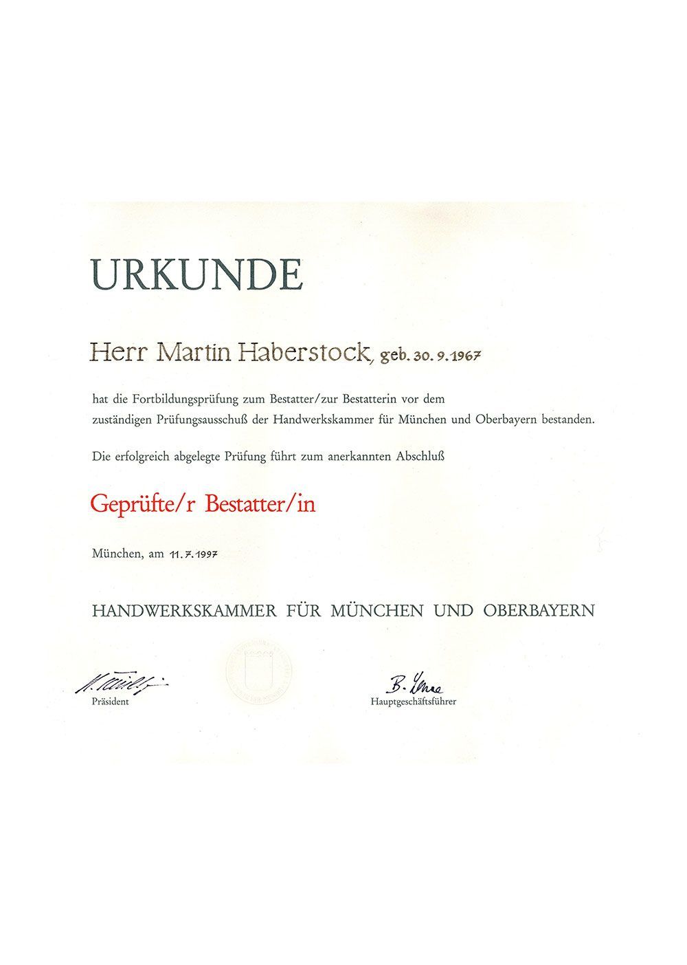 Urkunde Martin Haberstock