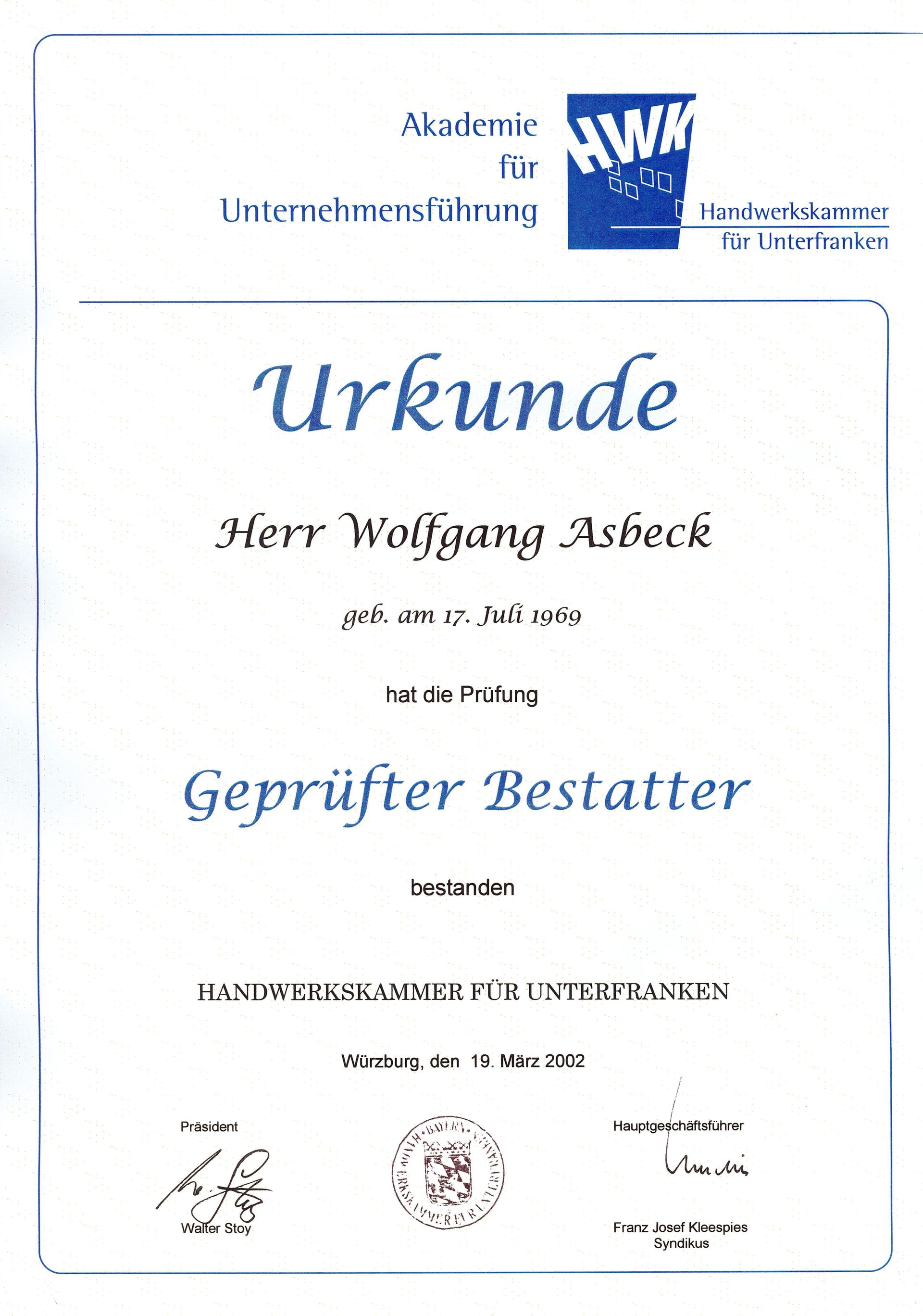 Urkunde Wolfgang Asbeck