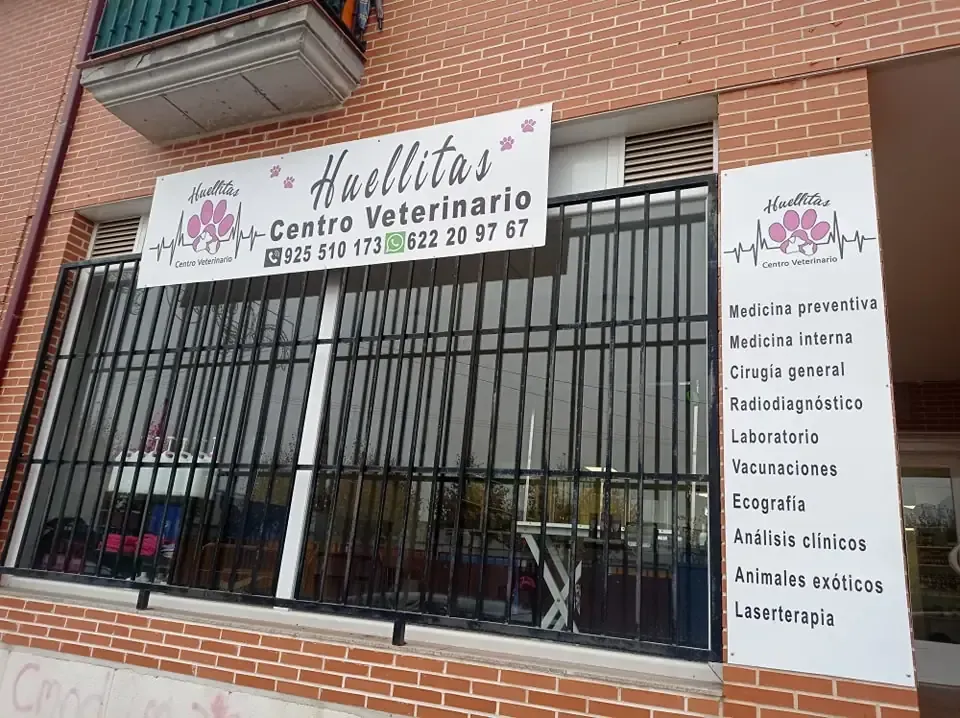 Letrero de Centro Veterinario "Huellitas" con listado de servicios, ventana enrejada.