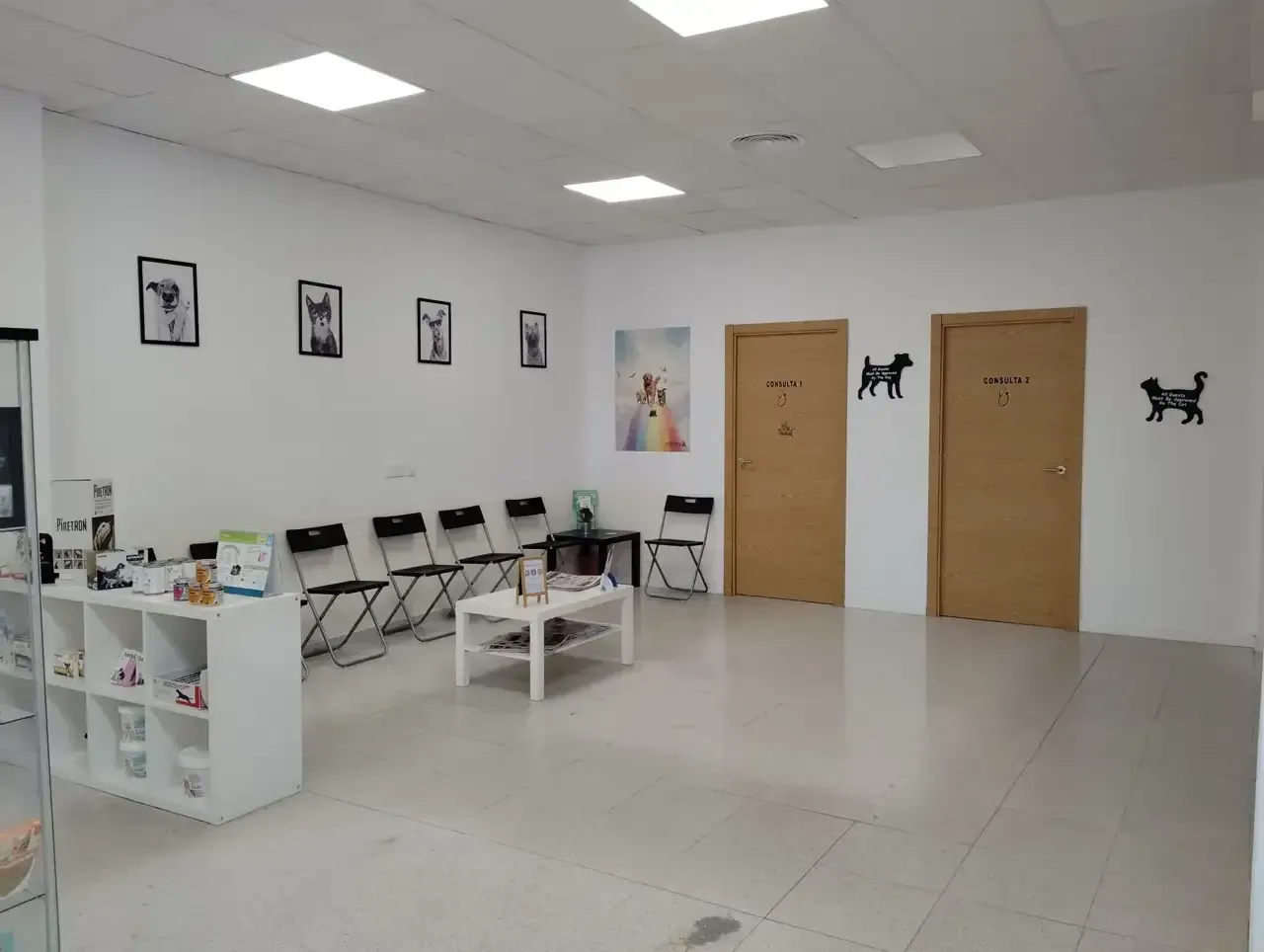Sala de espera de una clínica veterinaria con sillas, mesas y puertas abiertas. Paredes blancas e iluminación brillante.