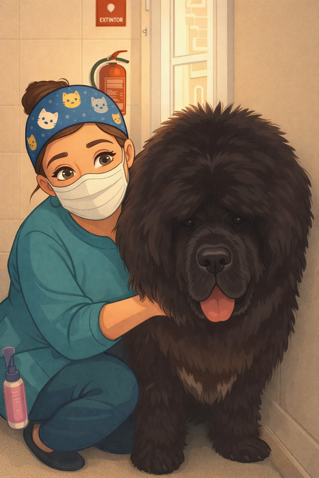 Un veterinario con uniforme azul y mascarilla abraza a un perro grande, negro y esponjoso en la clínica.