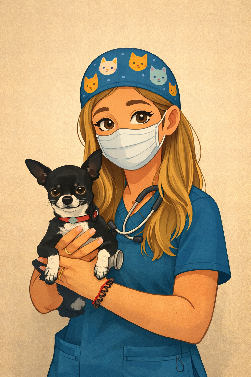 Veterinario con uniforme azul sosteniendo un pequeño perro blanco y negro; con una mascarilla 