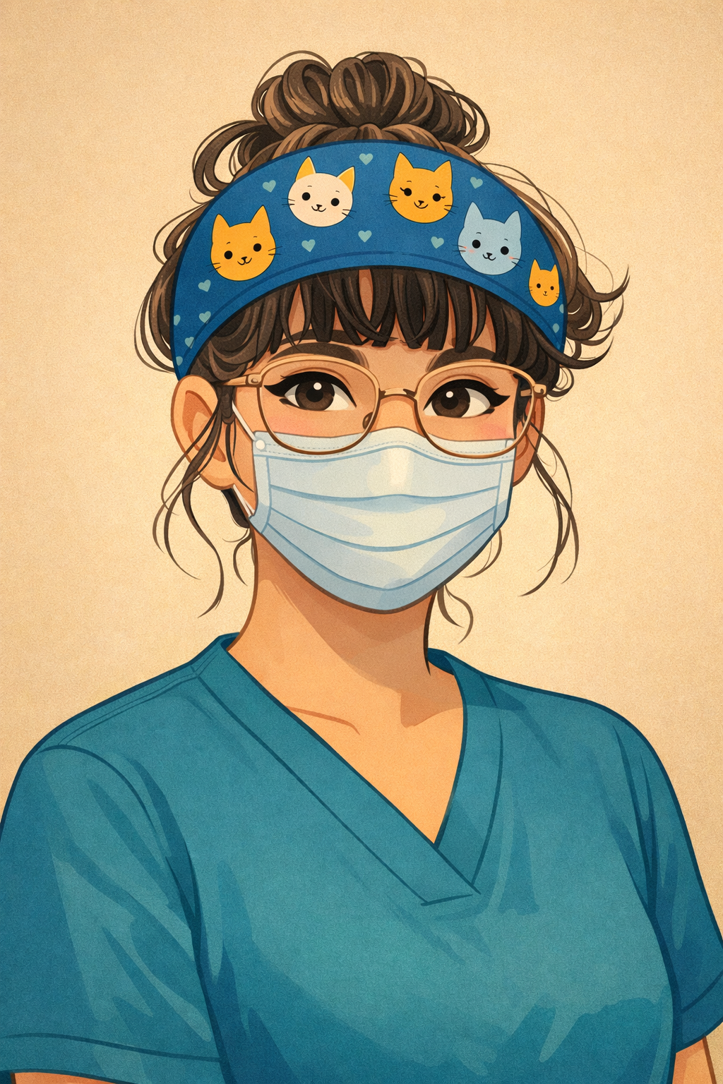 Enfermera con mascarilla, gafas y una diadema azul con forma de gato; con uniforme médico, sonriendo.