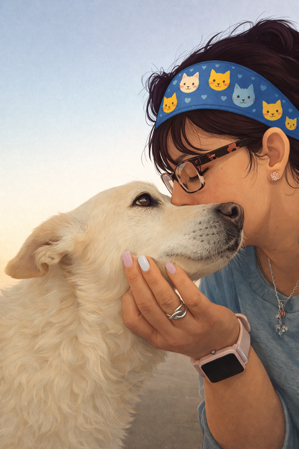 Una mujer con gafas besa el hocico de un perro blanco al aire libre; ambos tienen expresiones amables.