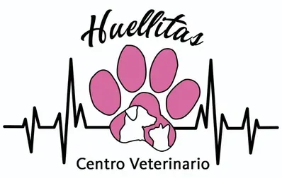 Logotipo para Huellitas Centro Veterinario. Huella rosa con siluetas de animales, latidos y texto en cursiva.