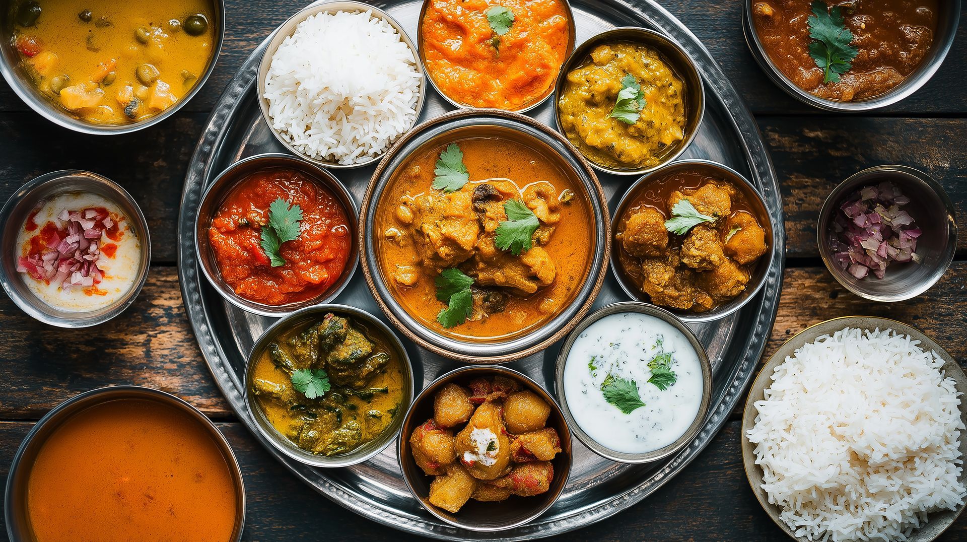 Un thali indien traditionnel servi sur une table en bois rustique.