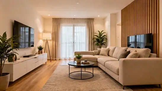 Sal&oacute;n terminado despu&eacute;s de reforma integral, aspecto realista y residencial