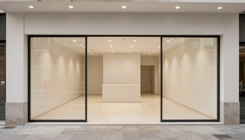 Moderno local comercial vacío, con grandes ventanales y un interior beige minimalista