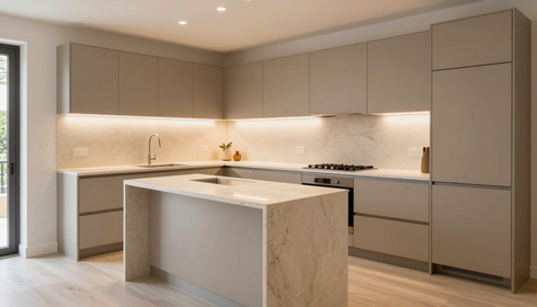 Cocina moderna y minimalista con armarios beige, isla e iluminación cálida bajo los armarios