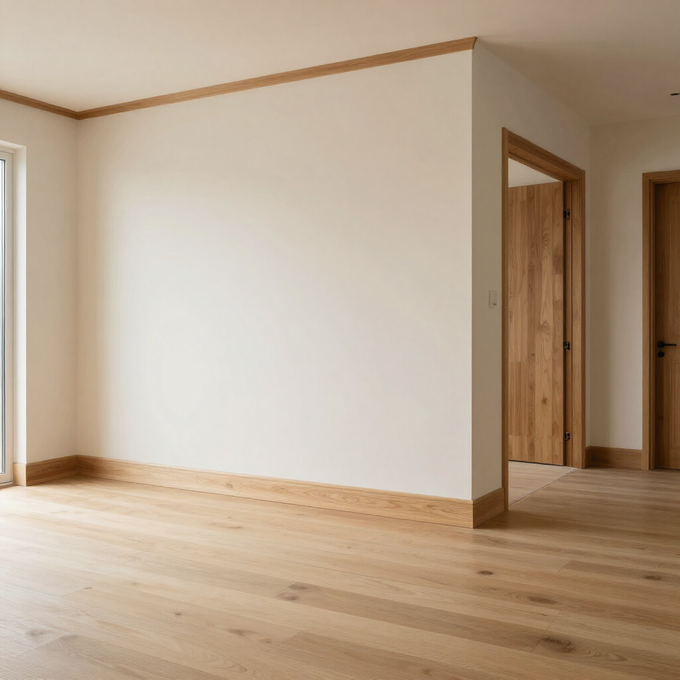 Habitación vacía recién reformada, con suelos de madera clara, paredes blancas y puertas que dan a otras habitaciones