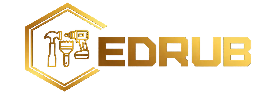 Logotipo dorado de EDRUB con un icono hexagonal y herramientas estilizadas en dorado sobre fondo blanco
