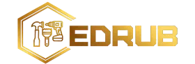 Logotipo dorado de EDRUB con un icono hexagonal y herramientas estilizadas en dorado sobre fondo blanco