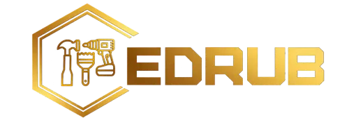 Logotipo dorado de EDRUB con un icono hexagonal y herramientas estilizadas en dorado sobre fondo blanco