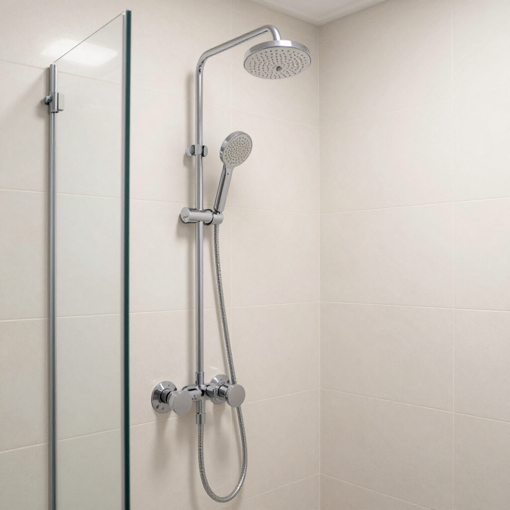 Detalle de ducha nueva, grifer&iacute;a moderna y revestimiento cer&aacute;mico