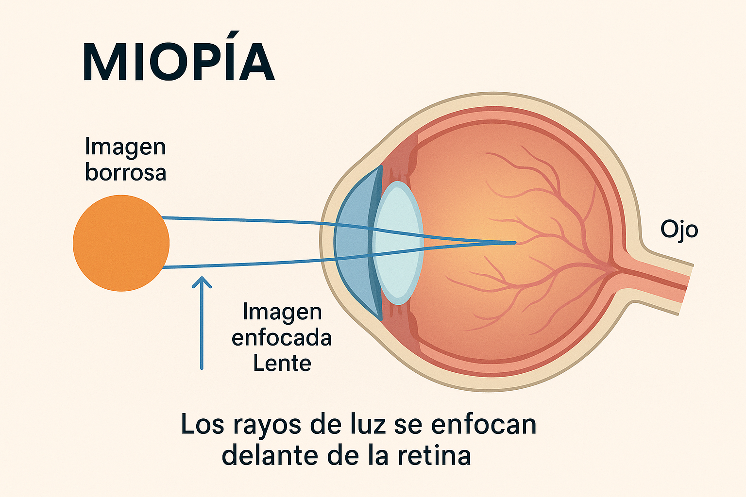 Ilustración médica en español que muestra un ojo con miopía. Los rayos de luz se enfocan delante de la retina, provocando visión borrosa de lejos. Diagrama educativo de Visualcor, óptica en Córdoba.