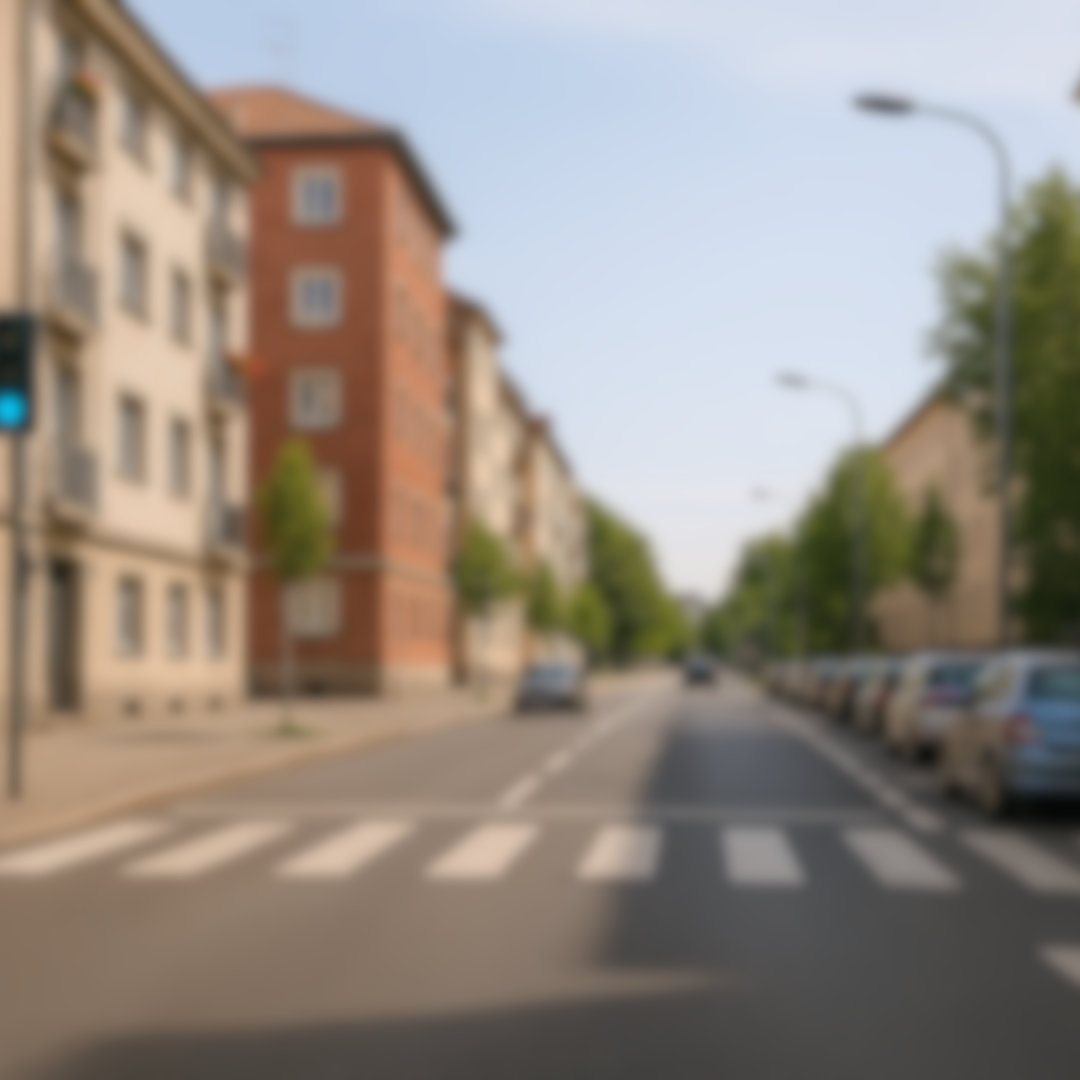 Simulación realista de cómo ve una persona con astigmatismo leve una calle urbana. Los edificios, coches y semáforos aparecen ligeramente borrosos y distorsionados, con luces difusas. Imagen educativa de Visualcor, óptica en Córdoba.