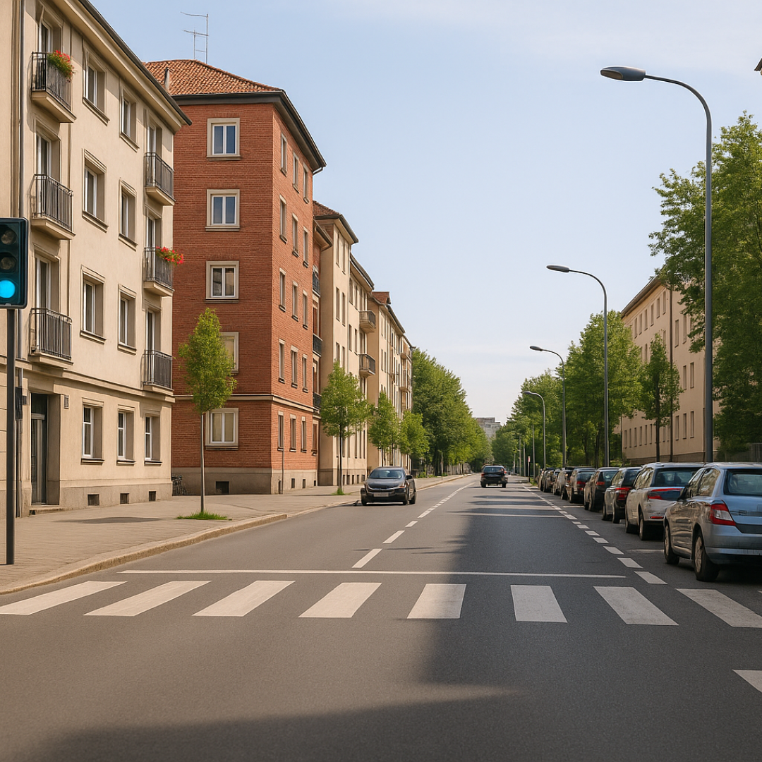 Fotografía nítida de una calle urbana europea vista con corrección óptica. Se aprecian los edificios, coches y semáforo verde con total claridad, como vería una persona con astigmatismo leve al usar gafas. Imagen de Visualcor, óptica en Córdoba.