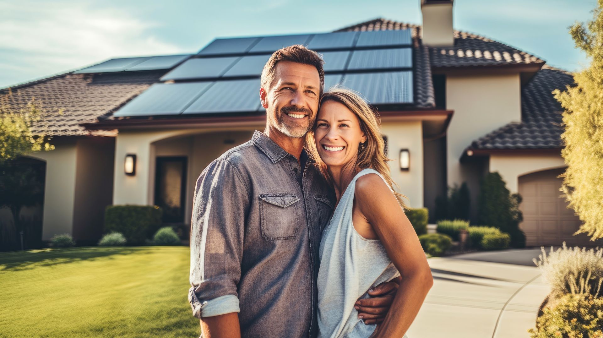 Un couple devant sa maison avec des panneaux solaires