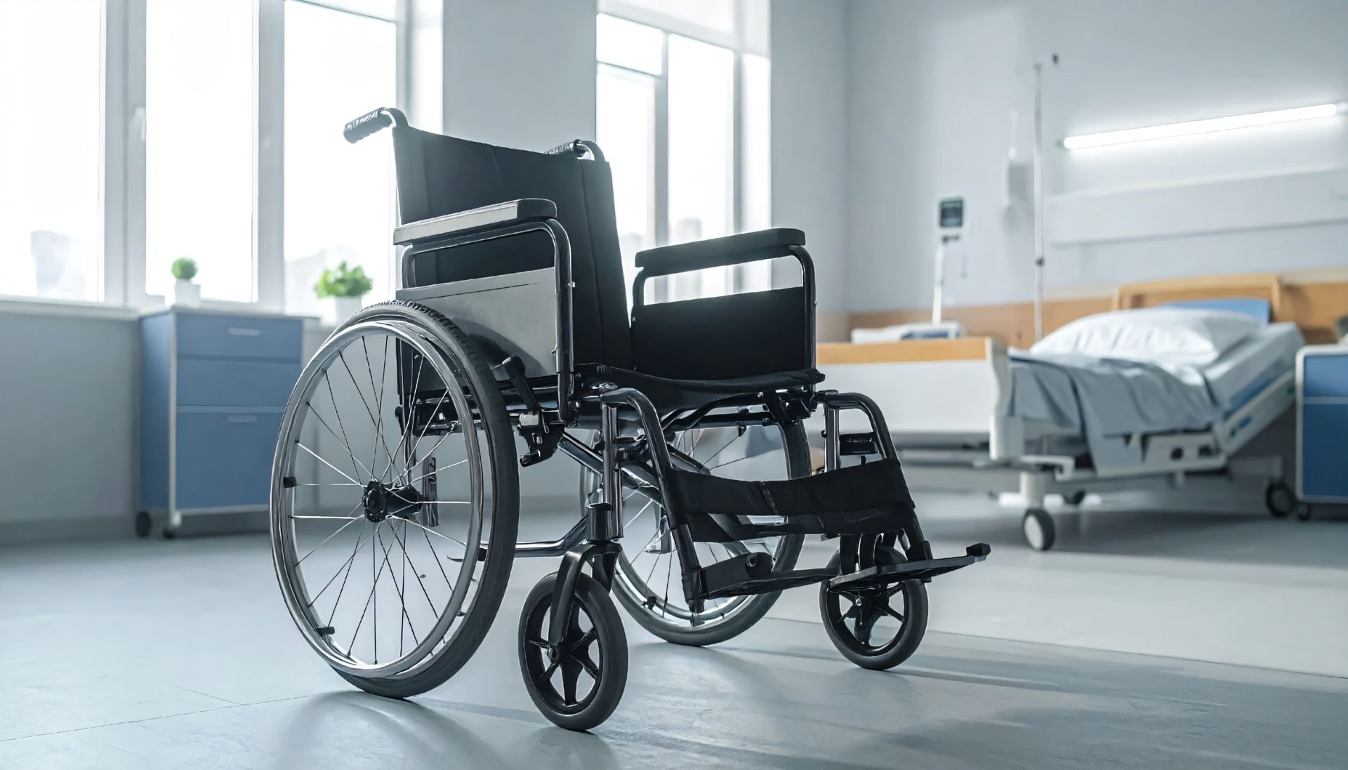 Un fauteuil roulant dans une chambre d'hôpital, avec un lit et du matériel médical visibles en arrière-plan.
