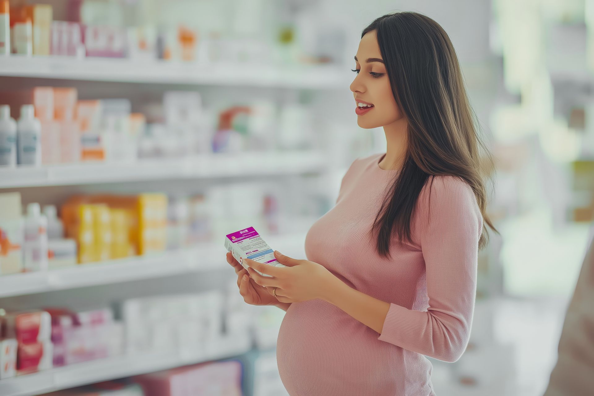 Une femme enceinte tenant une boîte de cachets.