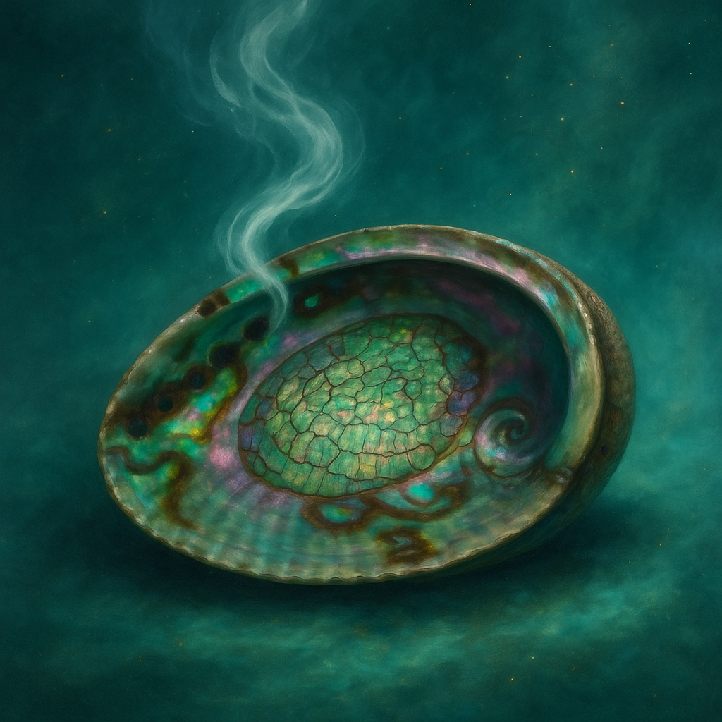 A painting of an abalone shell with smoke coming out of it.