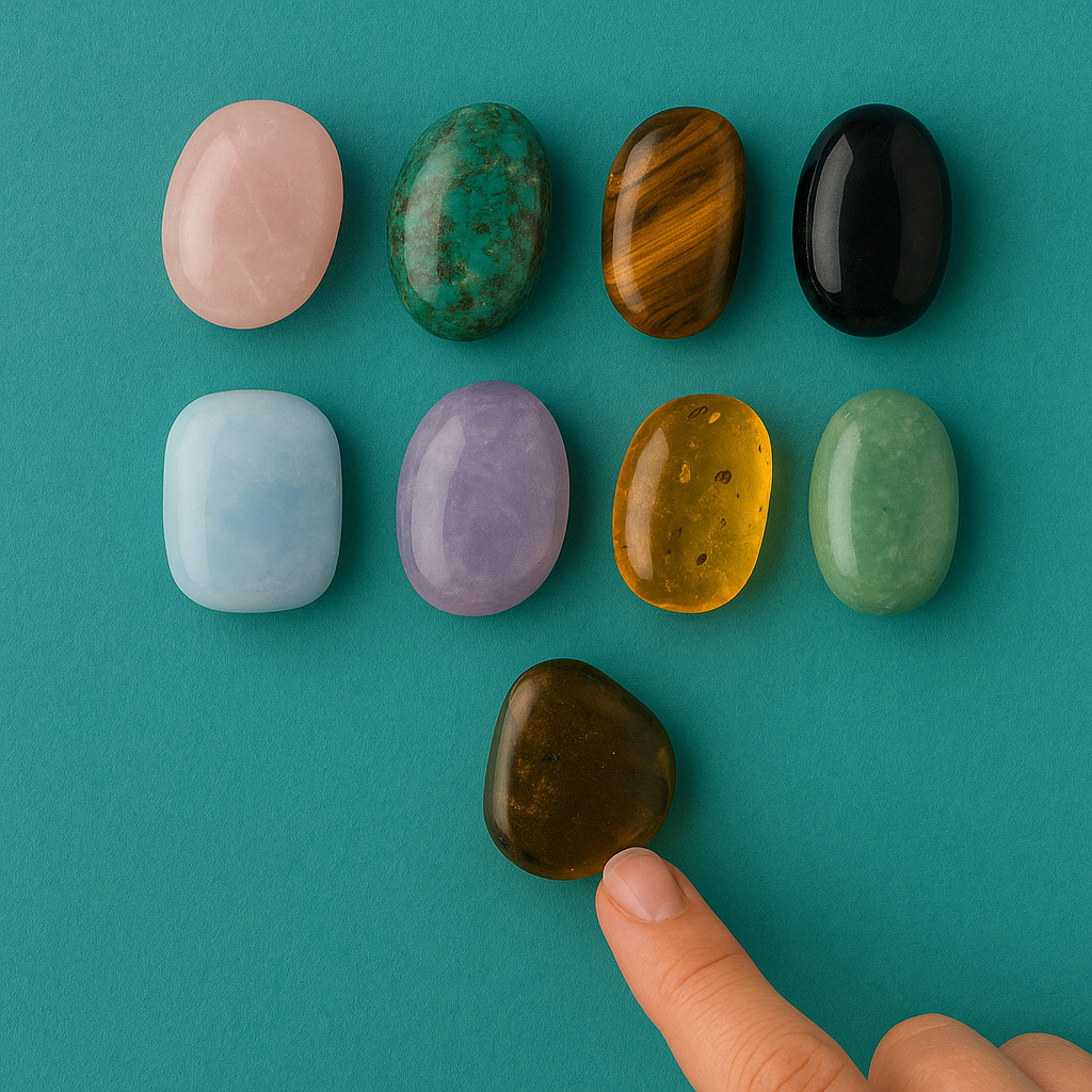 Der Finger einer Person zeigt auf eine Reihe von Steinen auf einer blauen Fläche