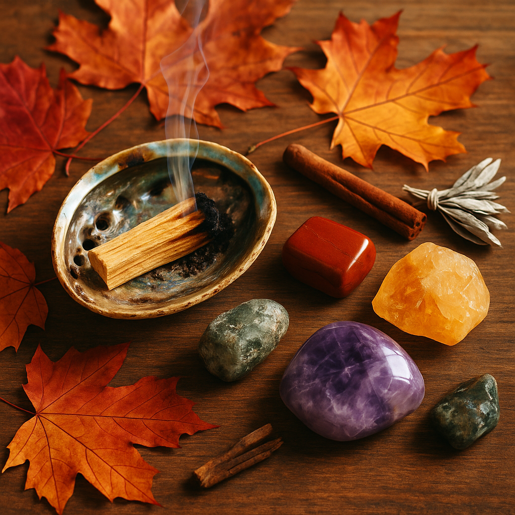 Autumnal display: burning palo santo in shell, crystals, cinnamon sticks, sage bundle, and maple leaves.