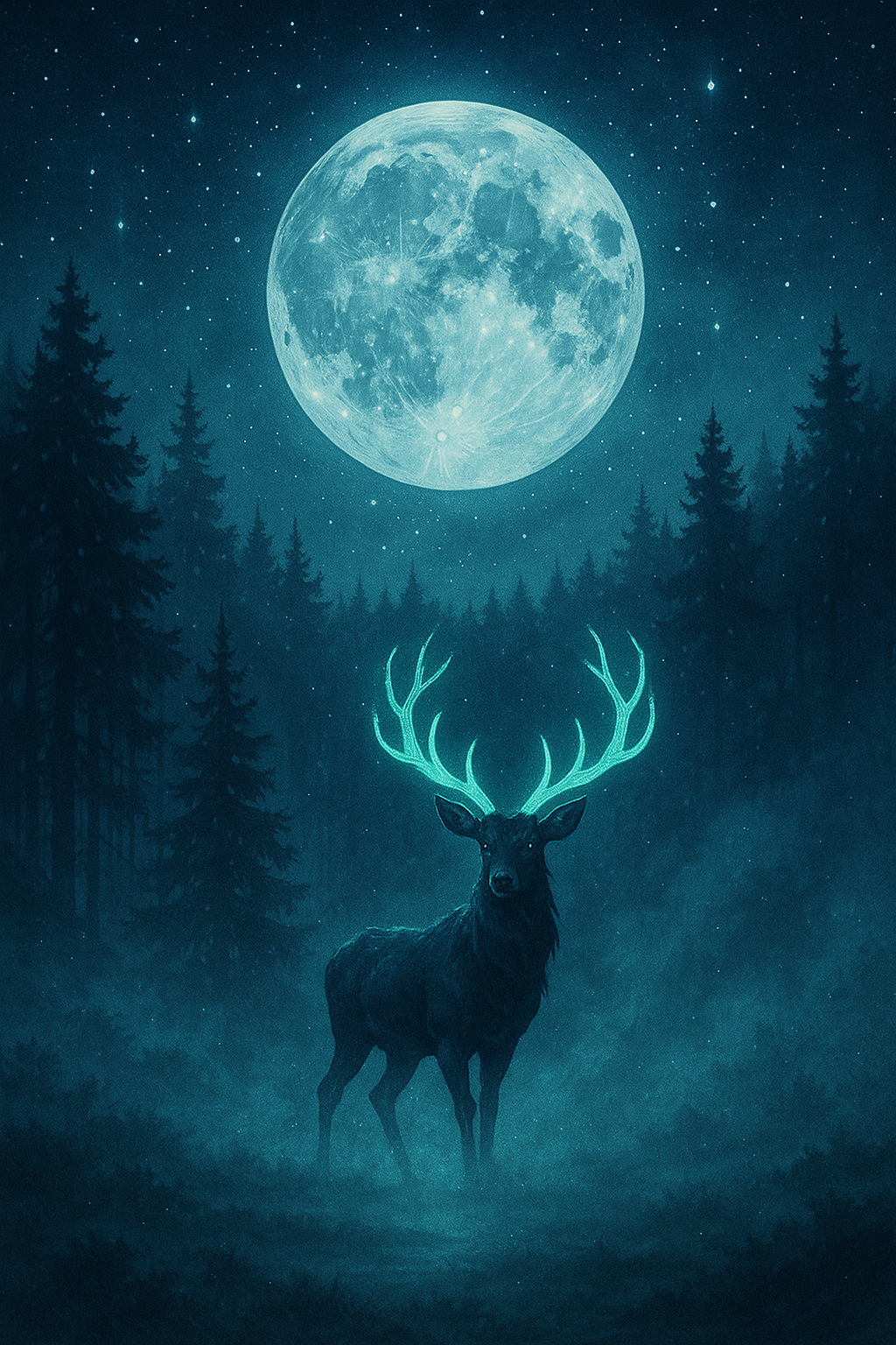 A deer with glowing antlers is standing in front of a full moon.