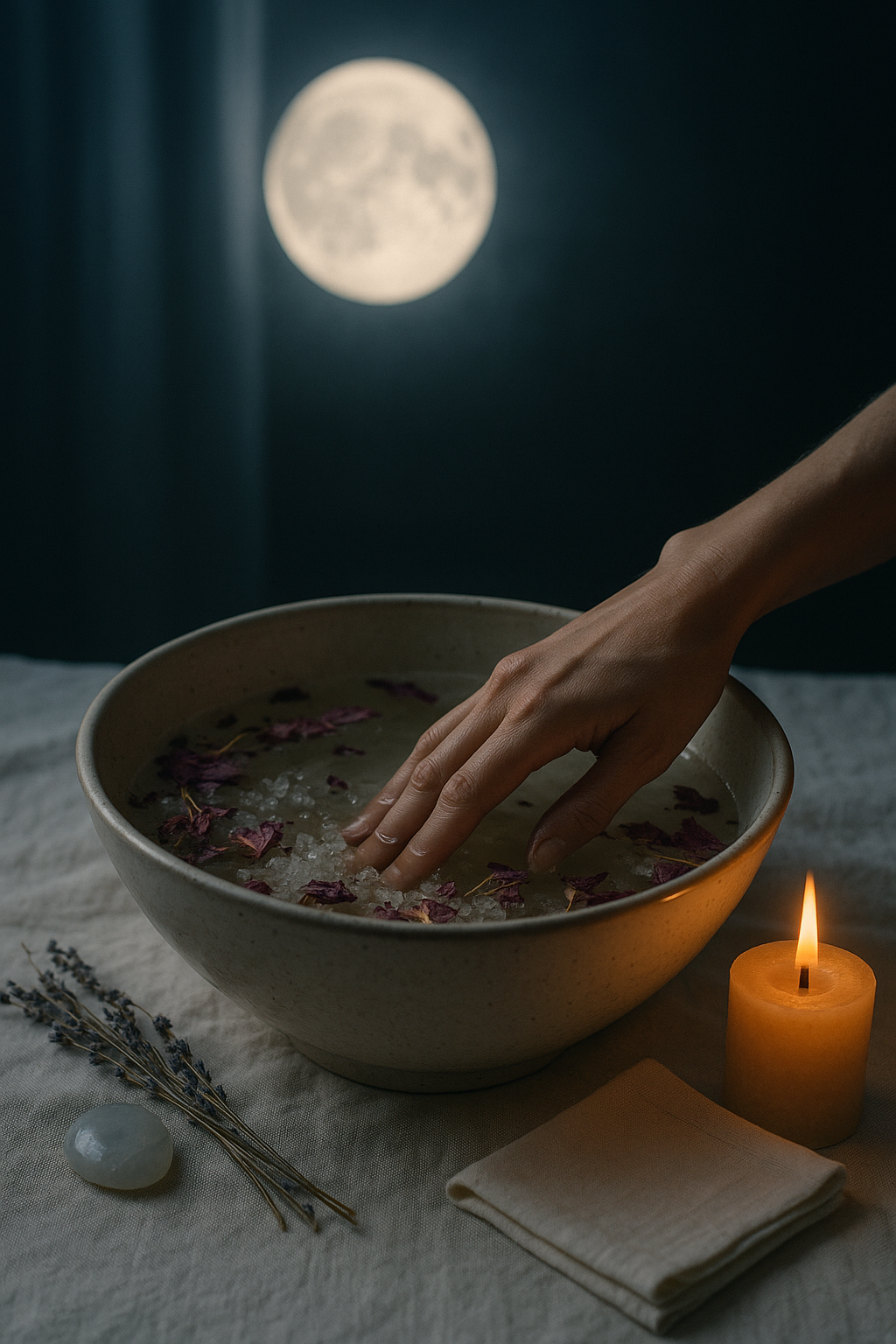 Die Hand einer Frau liegt in einer Schüssel mit Wasser, Blumen und einer Kerze.