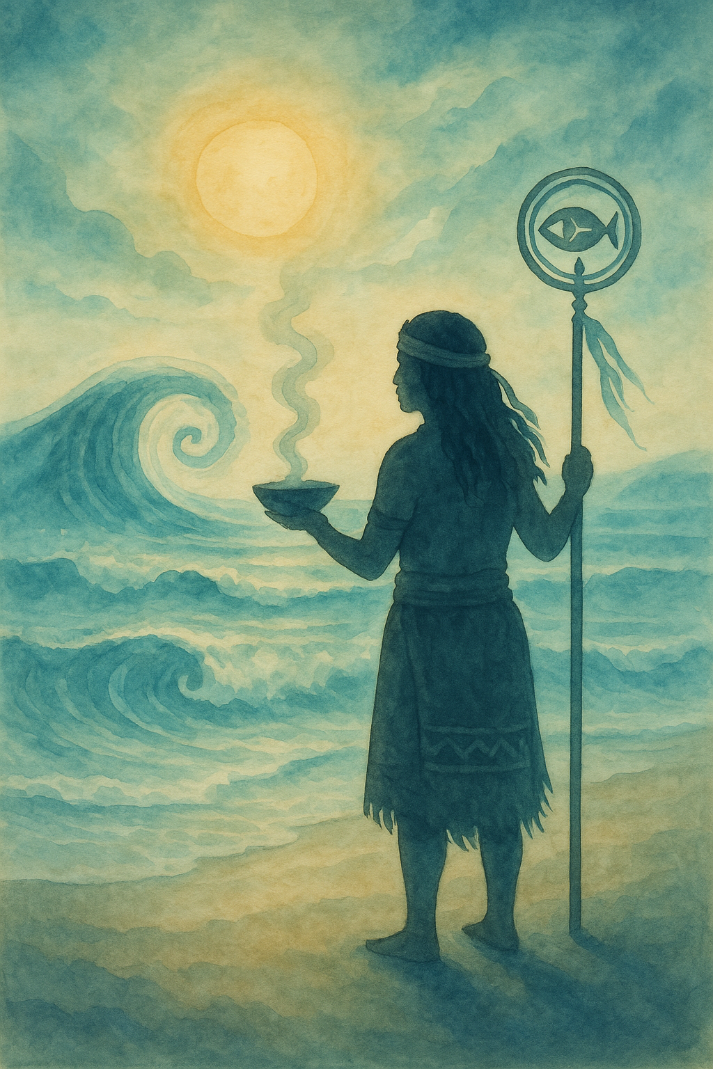 Woman on beach holding bowl with rising vapor, sunlit sky, staff with fish symbol.