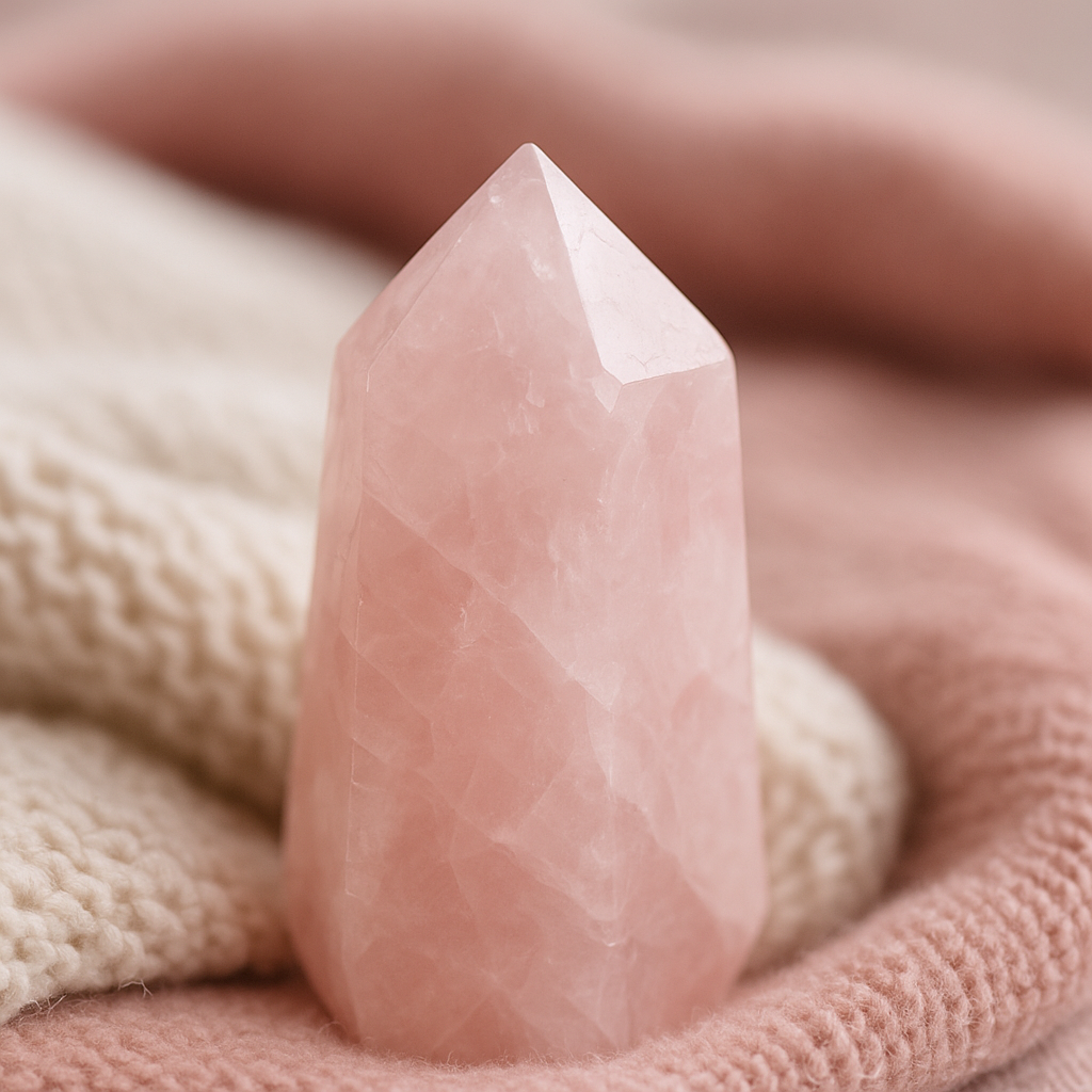 Rose quartz crystal on pink and white fabric.