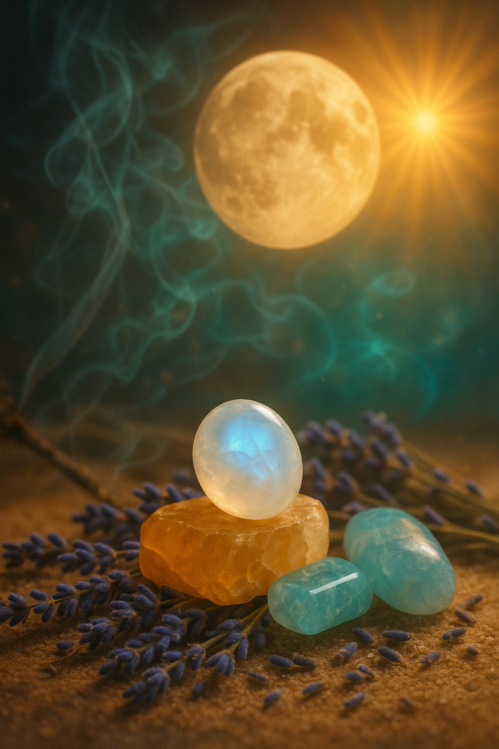 A group of crystals sitting on top of each other on a table with a full moon in the background.