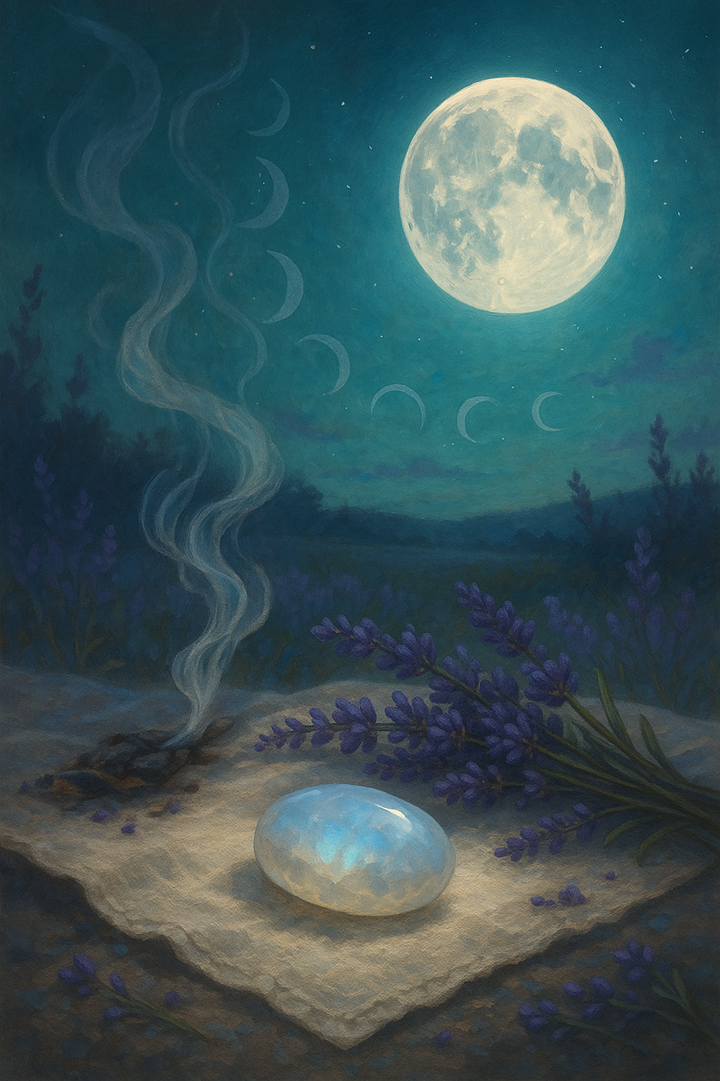 A painting of a moon , flowers , and a stone on a table.