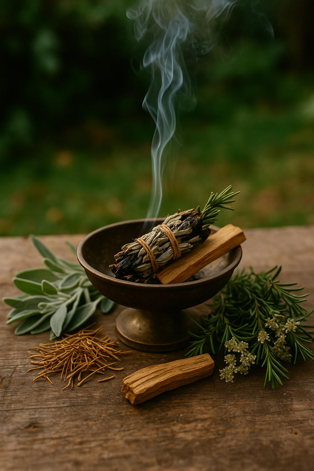 A bowl of incense with smoke coming out of it is on a wooden table.