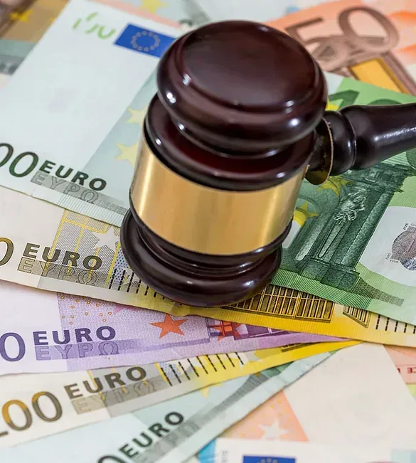 El mazo de un juez está encima de una pila de billetes de euro